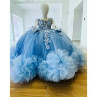 Custom Flower Girl Dress Wedding Gown First Christmas Party Dress Sheer Long Sleeve Beaded Floral Tulle Ball Gown for Girls Wedd