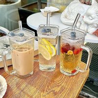 250ML transparent ins with handle glass cup stylish women's summer juice drink cup striped with lid straw cup