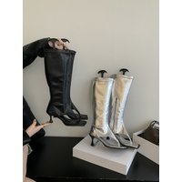 2026 Silver Open Toe Clip-On Knee High Boots Women Modern Booties Thin Low Heels Side Zipper Spring Party Pumps Sandals Shoe