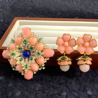 Retro Pink Flower Jewelry Set, Crystal Inlaid Brooch & Pearl Drop Earrings, Elegant Vintage Banquet Accessories for Women