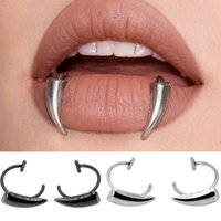 1pair Halloween Fake Vampire Fangs Lip Ring Stainless Steel Non-Piercing Earring Gothic Teeth Stud Party Punk Body Jewelry