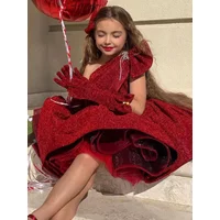 Aliexpress children's red one-shoulder dress, sequined princess puffy skirt, girls' birthday party host performance costume