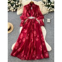 Robe de soirée pour femme style cour française, broderie riche, manches lanternes, col montant, ornée de strass, pour événements
