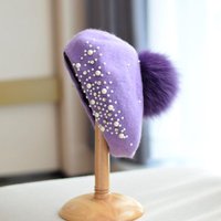 Damen Fuchspelz Ball Wolle Baskenmütze Mütze Mode Retro Herbst Winter Perlen Abnehmbare Maler Hut Diamant Kürbis Hut