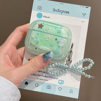 Green Stars Case with Pearl Bow Keychain For Apple AirPods 1 2 3 4 Pro 2 Bluetooth Earphone Cover funda For AirPods2 AirPod Pro2