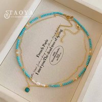 Elegant Double-layer Layered Imitation Turquoise Natural Pearl Beads Necklace Trendy Jewelry For Women's Sexy Collarbone Chain