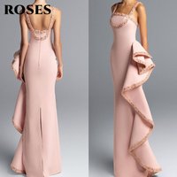 ROSES Light Pink Prom Dresses Chic Square Neckline Sleeveless Formal Gown with Beaded Trim And Asymmetric Ruffle Customized