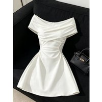 Y2k Vintage Short Sleeve Dress Off-Shoulder Women Elegant Sexy French Retro Bodycon Dress Solid Color Party Gentle O-Neck