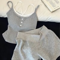Lazy Simple Striped Padded Camisole Sleepwear for Women, Tank Top and Shorts Loungewear Set, Thin Summer Women's Clothing