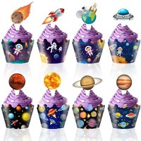 Astronaut Out Space Cupcake Toppers and Wrappers Space Themed Party Cupcake Decor for Kids Birthday Baby Shower Party Supplies