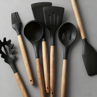7pcs Silicone Kitchenware Non-Stick Cookware Kitchen Utensils Set Spatula Shovel Wooden Handle Cooking Tool Set