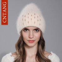 CNTANG Winter Hat For Women Warm Knitted Angora Rabbit Fur Beanies Fashion With Bead Hats Female High Quality Casual luxury Cap