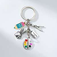 Oil-Drip Pencil Silvery Red Apple Drawing Board Keychain Gift for Teachers and Classmates Five-Link Chain Graduation Season Keychain Car Fan Keychain