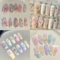 10Pcs Handmade Kawaii animal Fake Nails Kawaii Sweetheart Girl Cartoon Diamond Anime Manicure Removable Nail Art Holiday Gifts