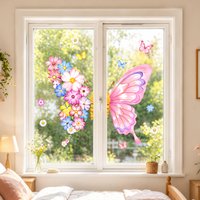 Watercolor Wildflower Window Clings - Reusable Floral & Butterfly Static Decals for Glass, Window Stickers for Home Office Decor