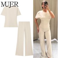 MUJER Wide Leg Pants Set Woman Flared High Waist Pants Two Piece Set for Women Cut out Top Woman Outfit Summer Trousers Suits