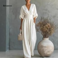 Vacation Ready Solid White Surplice V Neck High Waist Loose Fit Jumpsuit