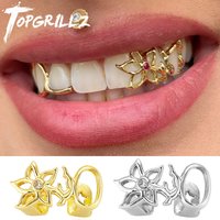 TOPGRILLZ Glossy Double Hollow Flower Tooth Grillz For Women Gold Silver Color Daily Wearable Tooth Jewelry Dental Grills