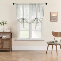 1Pc,Natural Linen Blend Tie Up Balloon Tulle Curtains with Blue Vertical Stripes Liftable Tier Roman Drapes for Small Window