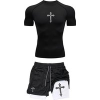 Jogging Breathable Compression Sportswear Summer Men's Training Two-piece Tight T-shirt Fitness Shorts Gym Workout Set RL0008