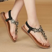 Womens Bohemian Floral Rhinestone Sandals Elegant Crystal Flower Decor Elastic Ankle Strap Soft Cushioned Insole NonSlip Sole
