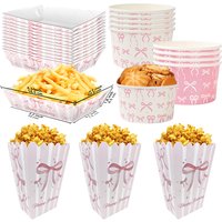 Pink Bow Birthday Party Supplies Popcorn Boxes Pink Bow Paper Food Boat Trays Bowls Girls Baby Shower Decorations Supplies