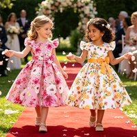 Girls' Dresses Flower Printed Wedding Bridesmaid Dresses For Girls Big Bow Flying Sleeve Princess Dress For Kids Birthday Gown