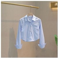 Women's Light Blue Cropped Shirt With Long Sleeves And Turn-Down Collar For Casual Daily And Office Wear