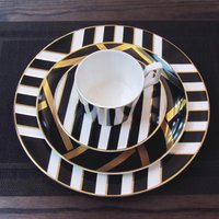 Stripe Gilt Rim Ceramics Plate Fruit Tray Cake Dish Western Steak Dinnerware Coffee Cup Saucer With Gift Box For Hotel Household