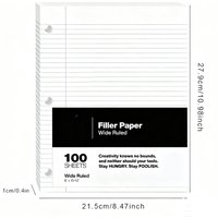 100 Sheets 3 Hole Punched Wide Ruled Filler Paper, 8"x10-1/2" Loose Leaf Notebook Paper, Lined Binder Paper for School & Office
