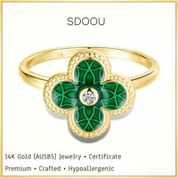 SDOOU Trendy AU585 14k Gold Green Enamel Ring Women's Cubic Zirconia Lucky Four-Clover Ring for Girls Wedding Party Jewelry Gift
