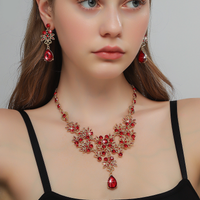Alloy Zirconia Ruby Leaf Set Earrings and Necklace Two-Piece Set Wedding Accessories Wife's Gift
