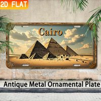 HD Aluminum Print, Vintage Cairo Egypt Great Pyramids of Giza Retro License Plate Style Wall Art, High Definition Bend-Resistant