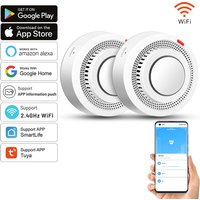 Lot de 2 détecteurs de fumée intelligents WiFi Tuya avec alertes en temps réel via l'application, capteur d'incendie sans fil, alarme sonore 85 dB pour la maison/le bureau