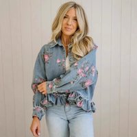Blouse Jacket Shirt Women's Vintage Washed Denim Floral Print Loose Fit Long Sleeves Casual Niche Versatile Fashionable Designer