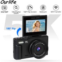 Ourlife AC600 Pro Kompakte 5K-Digitalfotografiekamera, 18-facher Digitalzoom, 75 MP, 180 ° Flip Screen WIFI Vintage Vlog Videorecorder