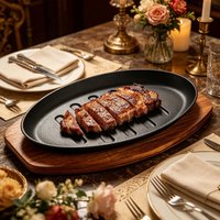 Cast Iron Oval Shape Restaurant Barbecue Plate Steak Sizzling Hot Pan Plate with Wooden Base Teppanyaki Grilled Fish Tray