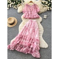 French Printed Chiffon Sweet Two-piece Set for Women's Summer Vacation Ruffled Half Body Cake Skirt Set Y53