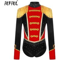 Kids Girls Circus Ringmaster Performance Costume Shiny Rhinestones Long Sleeve Fringed Epaulets Leotard for Halloween Carnival