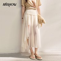 MISHOW New Irregular Lace Splice Chiffon Skirts 2026 Summer High Waist Slit Pleated Design French Style Long Skirts MXF24B2505