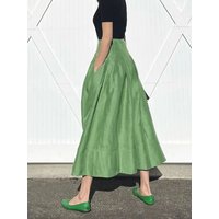 Faldas Mujer Moda Retro Temperament Green High Waist Slim Big Umbrella Skirts Pocket Women Pleated Long Casual