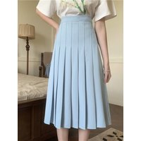 Sweet A-Line Midi Skirt with Elastic Waist Pleats College Style plus Size Slimming Spring Summer Autumn Polyester Fiber