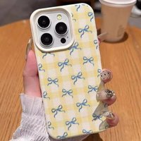 Korean Yellow Plaid Blue Bowknot Phone Case For iPhone 17 16 15 Pro Max 14 13 12 11 Leather Texture Shockproof Cute Girly Coque