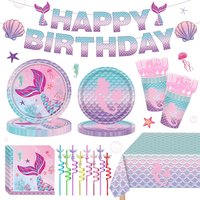 Mermaid Party Pink Purple Tableware Set Plates Cups Tablecloth Napkins Banner Girls Birthday Party Decors Baby Shower Supplies