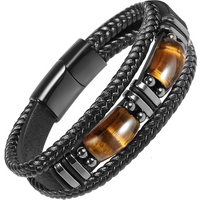 Tiger Eye Black Leather Bracelet Men Natural Gemstone Crystal Stone Jewelry Handmade Courage Stress Relief Protection Bracelet