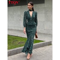 TTQV Fashion Slim Print 2 Piece Sets Woman Outfit 2025 Elegant Long Sleeve Shirt With High Waist Long Skirt Set Streetwear
