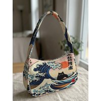 Trendy Great Wave Cat Print Shoulder Bag, Corduroy Underarm Bag for Daily Casual Use