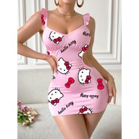 Sanrio Hello Kitty Women's Pink Spaghetti Strap Dress Ruffled Shoulder Cutout Waist Bodycon Mini Dress Sexy Dress for Women