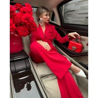 Red Women Office Suits Set Customized 2 Pieces Blazer+Flare Pants 3D Flower Formal Business Cotton Prom Jacket Trousers
