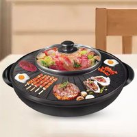 Electric Grill with Hot Pot Portable Round Barbecue Griddle Cookware Non Stick 2 in 1 Korean BBQ for Indoor Outdoor Camping